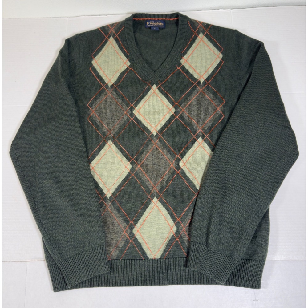 Brooks Brothers Argyle Sweater Mens XL Green Merino Wool V-Neck Knit